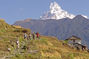 Scenic mountain view of Machhapuchare on trek