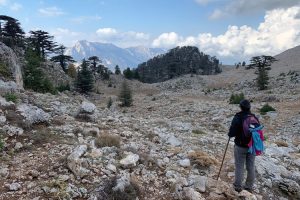 Trekker admiring the view near Olympos summit