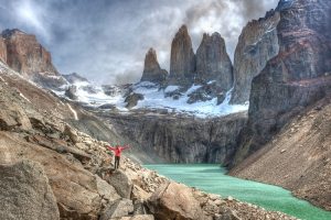 View of Torres del Paine over glacial lake