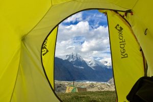 View looking out from tent at Merzbacher Glade Camp