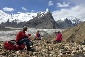 View of Pesnya Abaya Peak on trek to South Inylchek Base Camp.