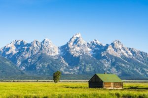 Mormon Barn and mountains, Tetons NP